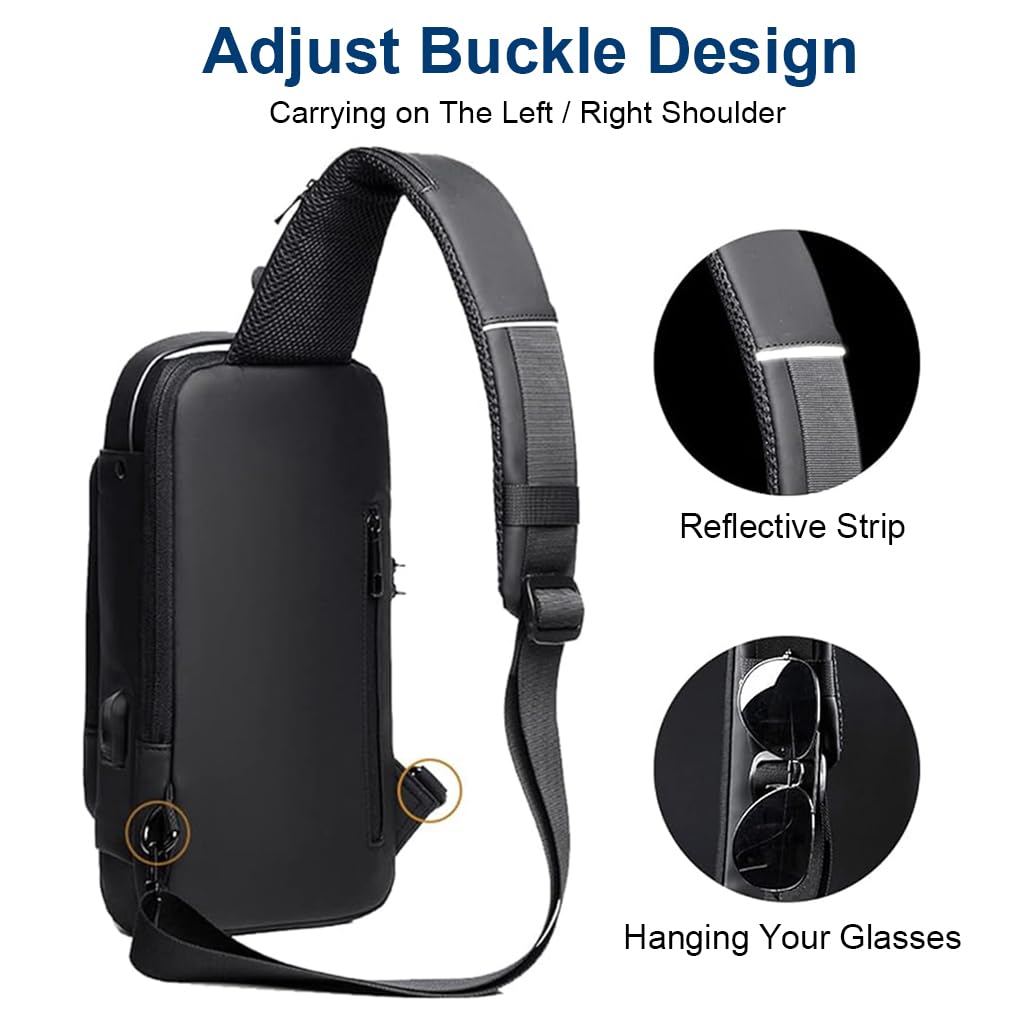 ZIBUYU Chest Bag for Men Waterproof Anti Theft Backpack Small Sling Bag for Men Travel Oxford Cloth with Safety Password Lock USB Port Crossbody Bag for Men Outdoor, Black