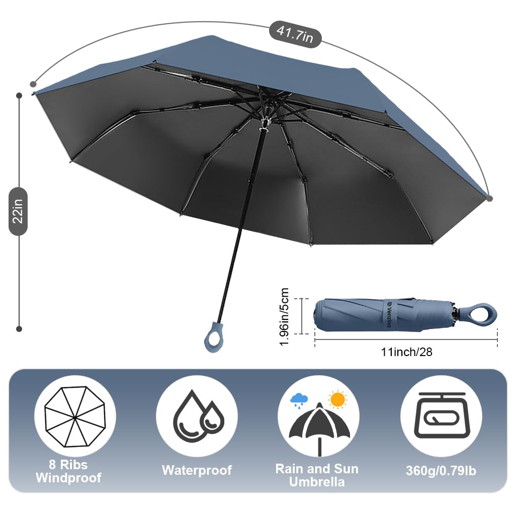 Venzina Sun Umbrella for Travel with 8 Rib Steel Frame and Manual Three Fold Design | Dark Blue