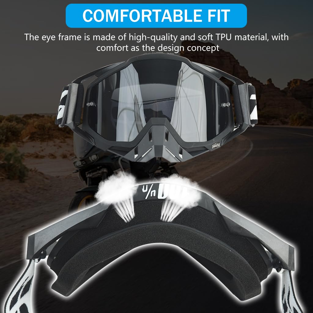 PROBEROS Motorcycle Goggles for Dirt Bike Riding with UV Protection and Anti Fog | 3 PCS Adjustable Black Set