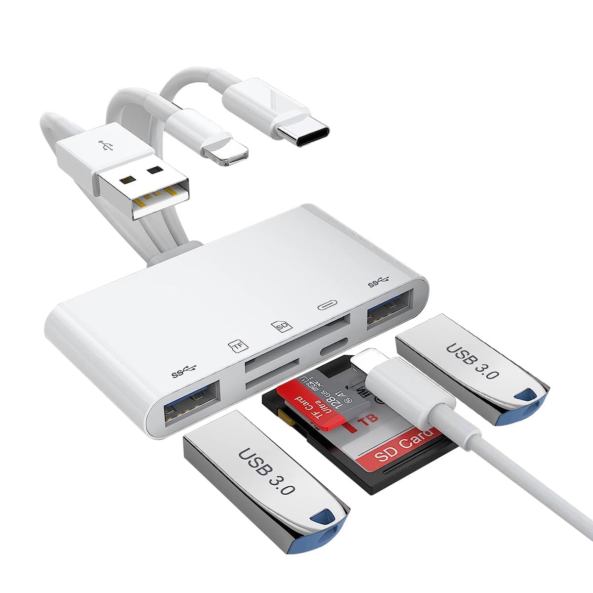 Verilux® Card Reader 5 in 1 SD Card Reader Micro SD Card Reader with Light-ning Port and 2 USB3.0 Ports Memory Card Reader Support Charging and High Speed Transfer for iPhone, iPad, PC, Laptop