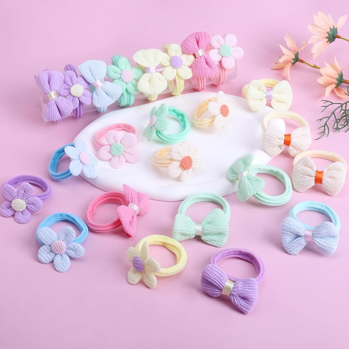 PATPAT Colorful Flower Bow Rubber Bands for Girls with Elastic Stretch | 24 Pcs Non Slip Hair Ties