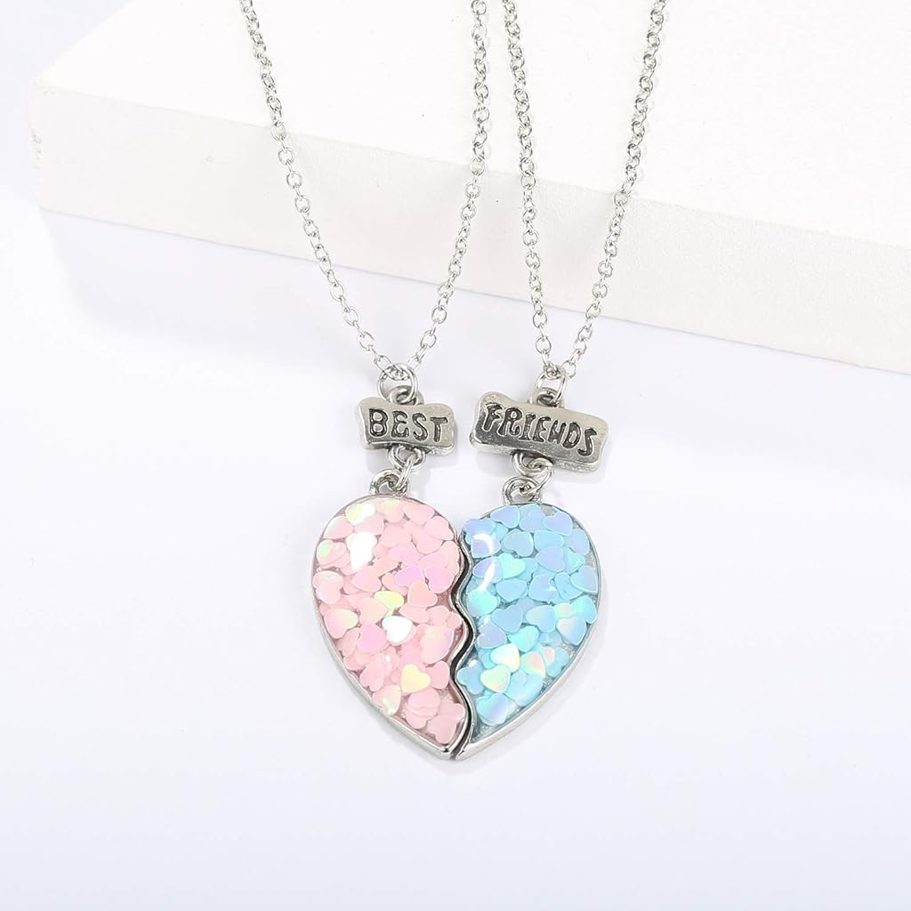 ZIBUYU® Best Friends Pendant Silver Alloy Resin Half Heart Necklace Set BFF Friendship Jewelry for Girls Charm Gift Sisters Pink Blue 6PCS