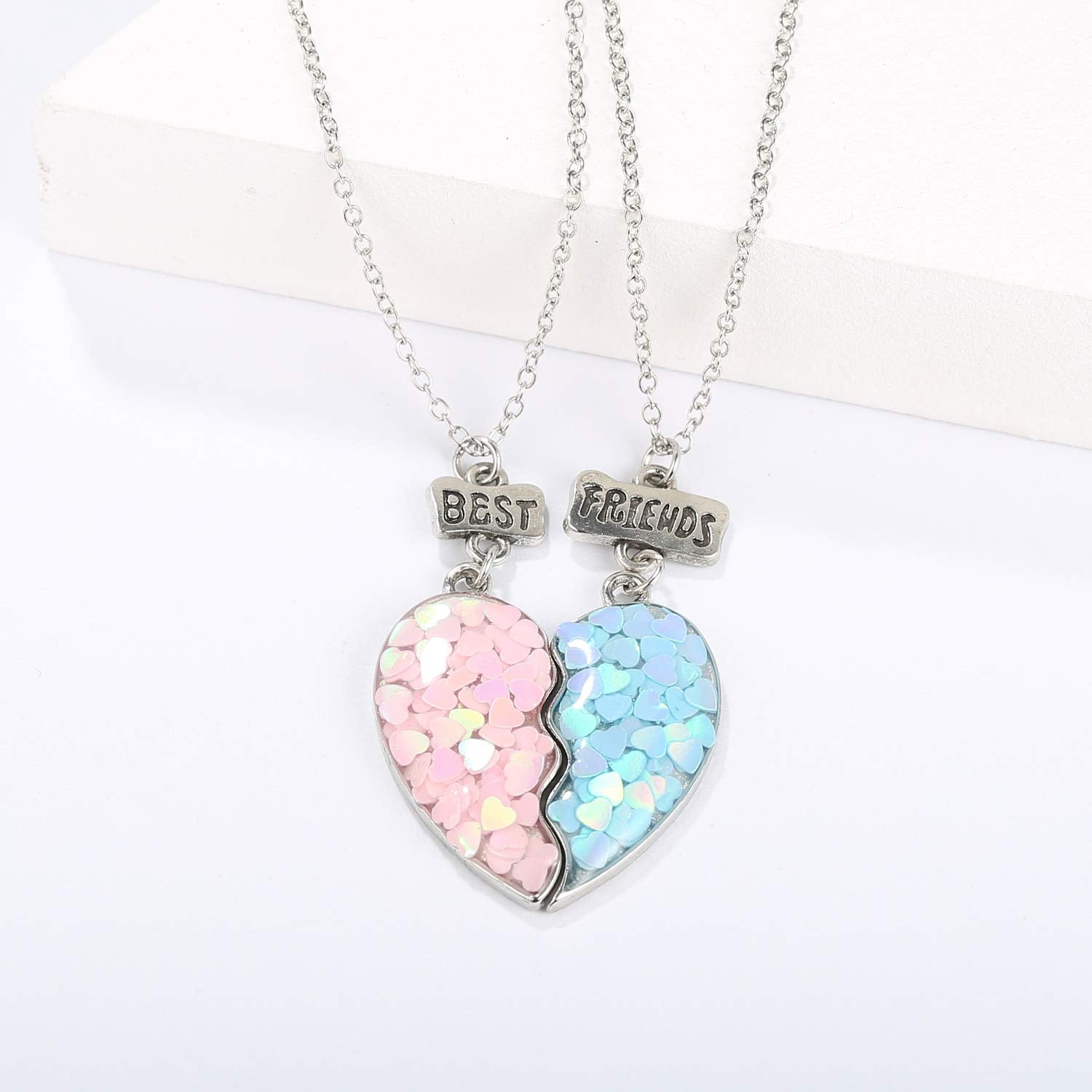 Zibuyu Best Friends Pendant Necklace Set for Girls featuring Pink and Blue Half Heart 6PCS