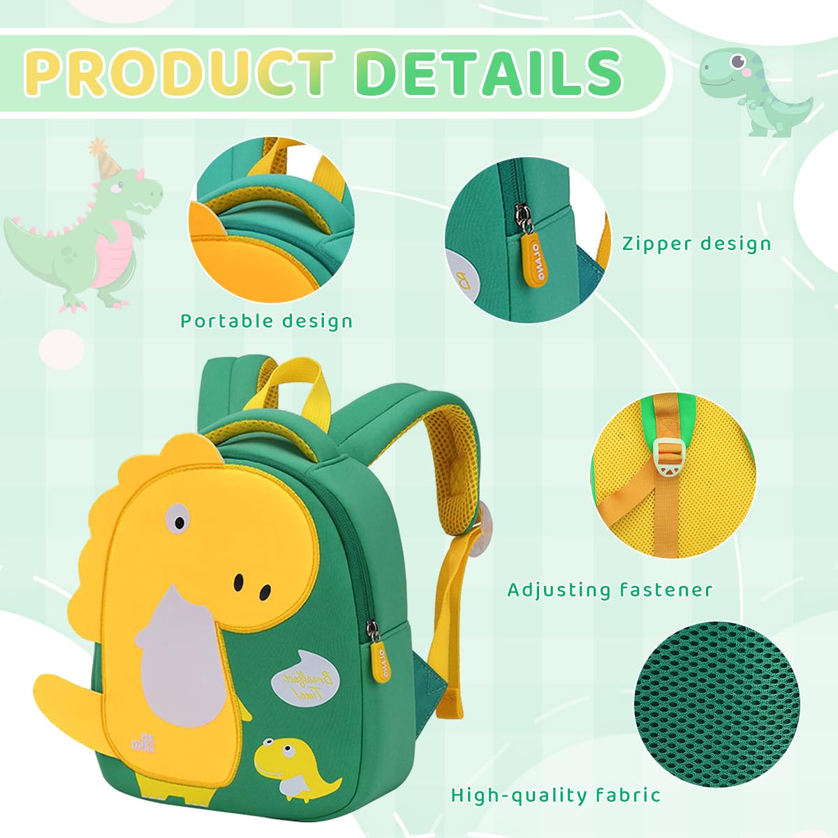 PALAY School Backpack for Kids with 36×29×16cm Capacity and Side Zipper | Waterproof Dinosaur Print
