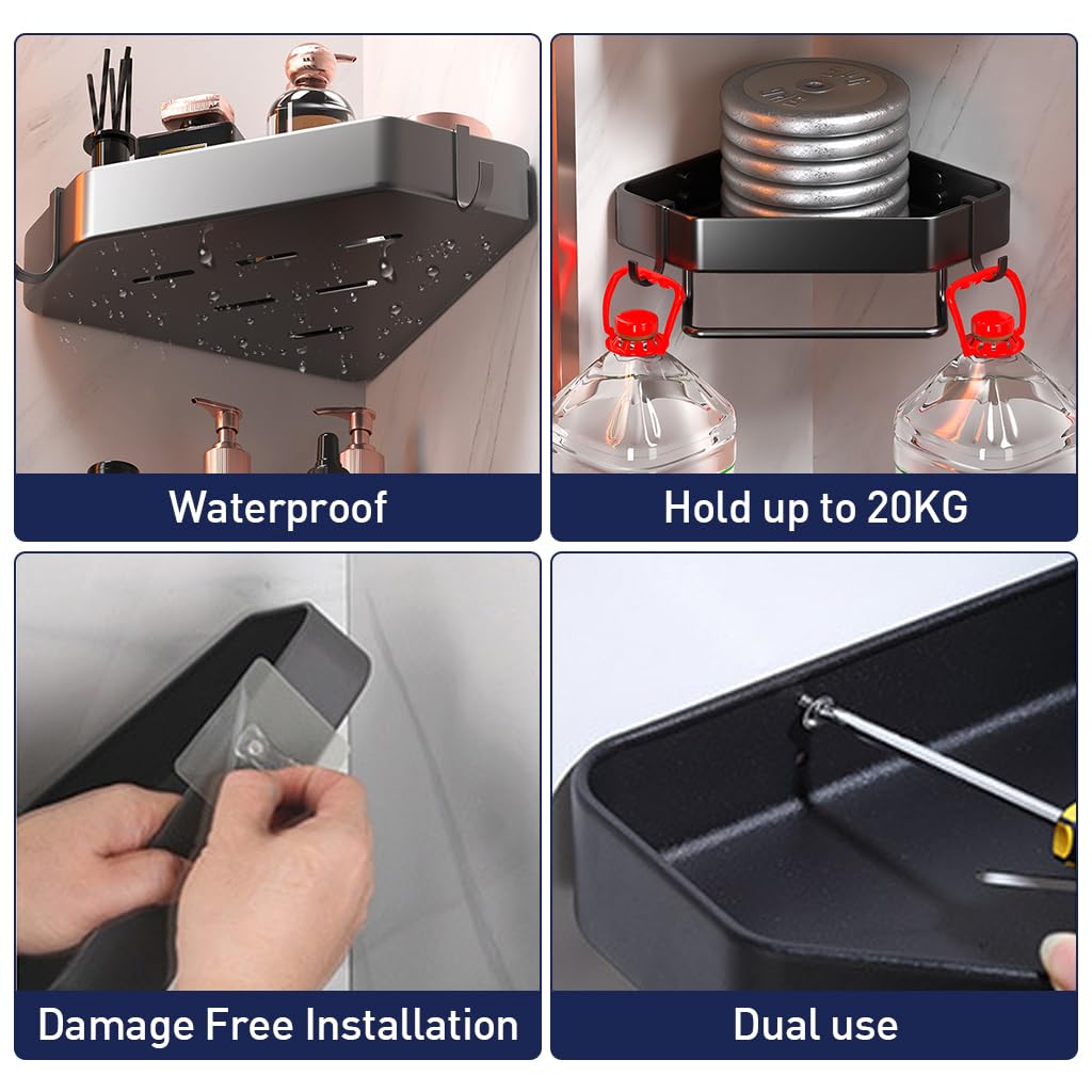 Supvox Bathroom Corner Shelf for Toiletries featuring Self Adhesive Design and 25cm Layers | Aluminium Wall Rack with Quick Drainage