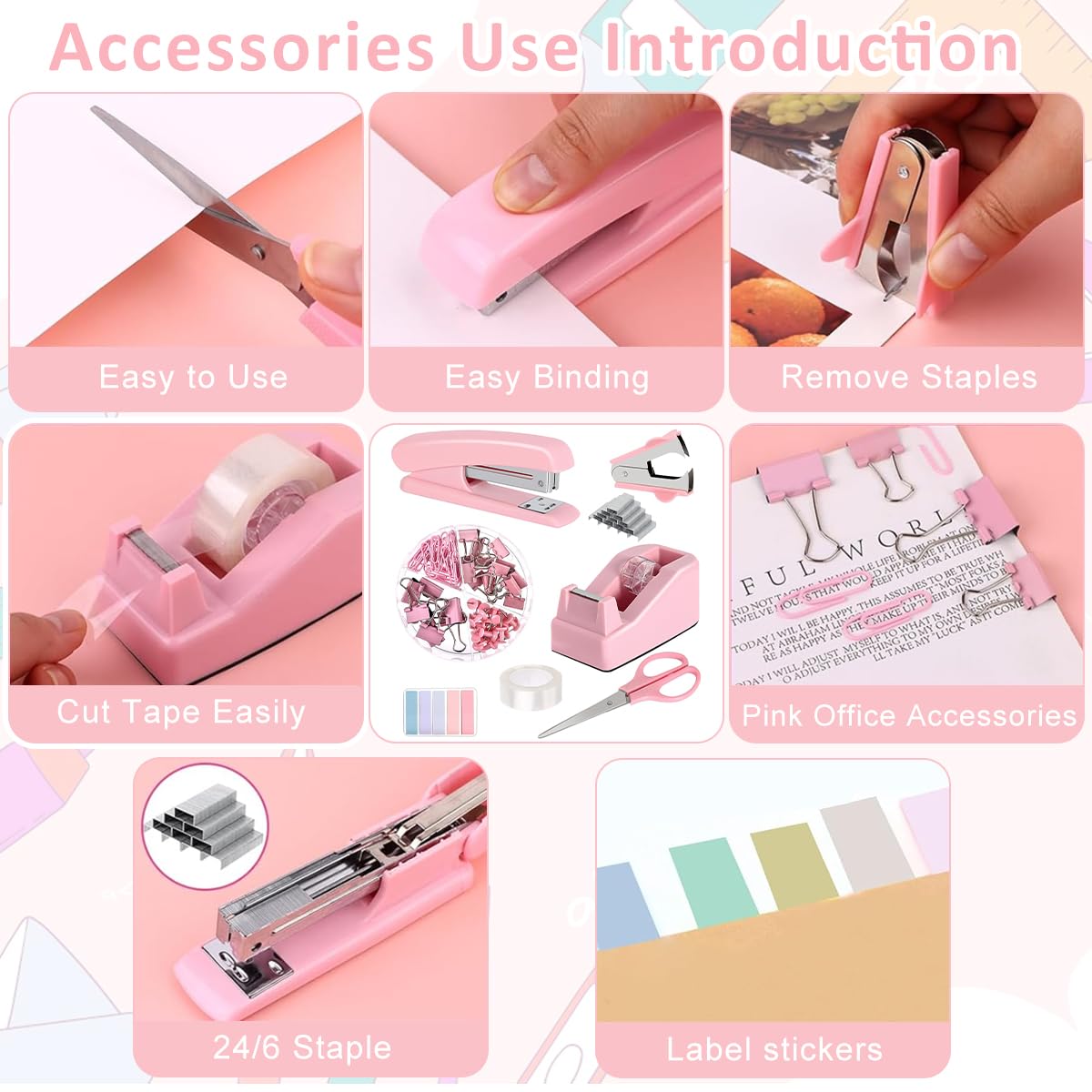 Climberty® Pink Office Supplies Set, Stapler and Tape Dispenser Set, Office Desk Accessories Kit with Stapler, Tape Dispenser, Staple Remover, Staples, Clips, Scissors, Tabs, Gift for Women, Clerks