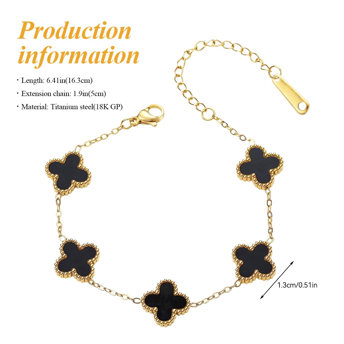 ZIBUYU Four Leaf Clover Bracelet 18K Gold Plated Stainless Steel Lucky Charm Bracelet for Women with Adjustable Chain, Black Clover Link Design, Ideal Gift for Girlfriend, Mother, Daughter, 6.41