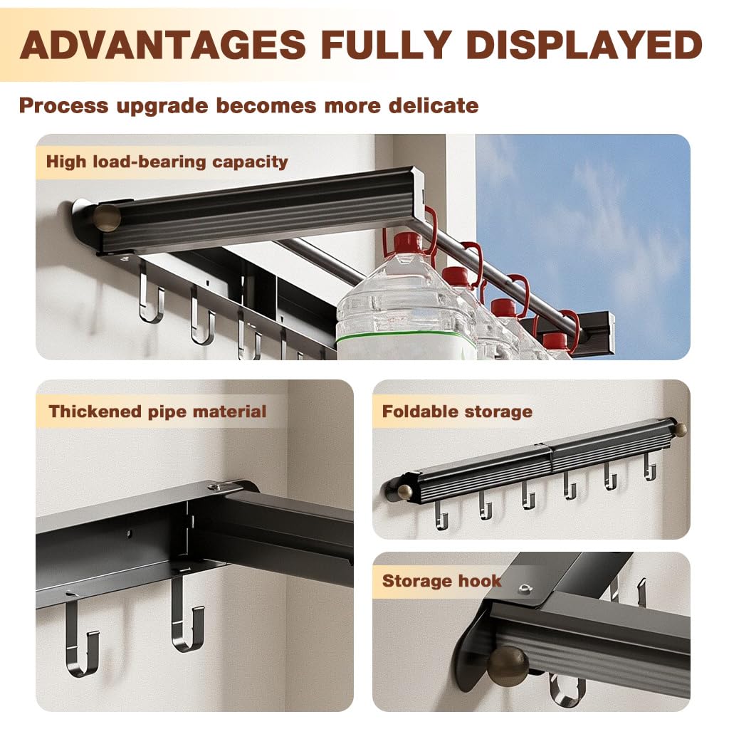 HASTHIP Folding Clothes Drying Stand for Bathroom and Balcony with 30.8x70cm Dual Row | Aluminum Steel Wall Mounted Design with 6 Hooks