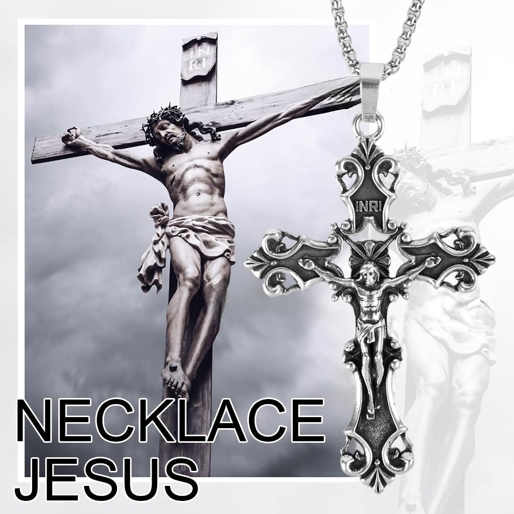 GUSTAVE Gothic Cross Necklace featuring 3D Embossed Pendant and 18–22 in Stainless Steel Chain