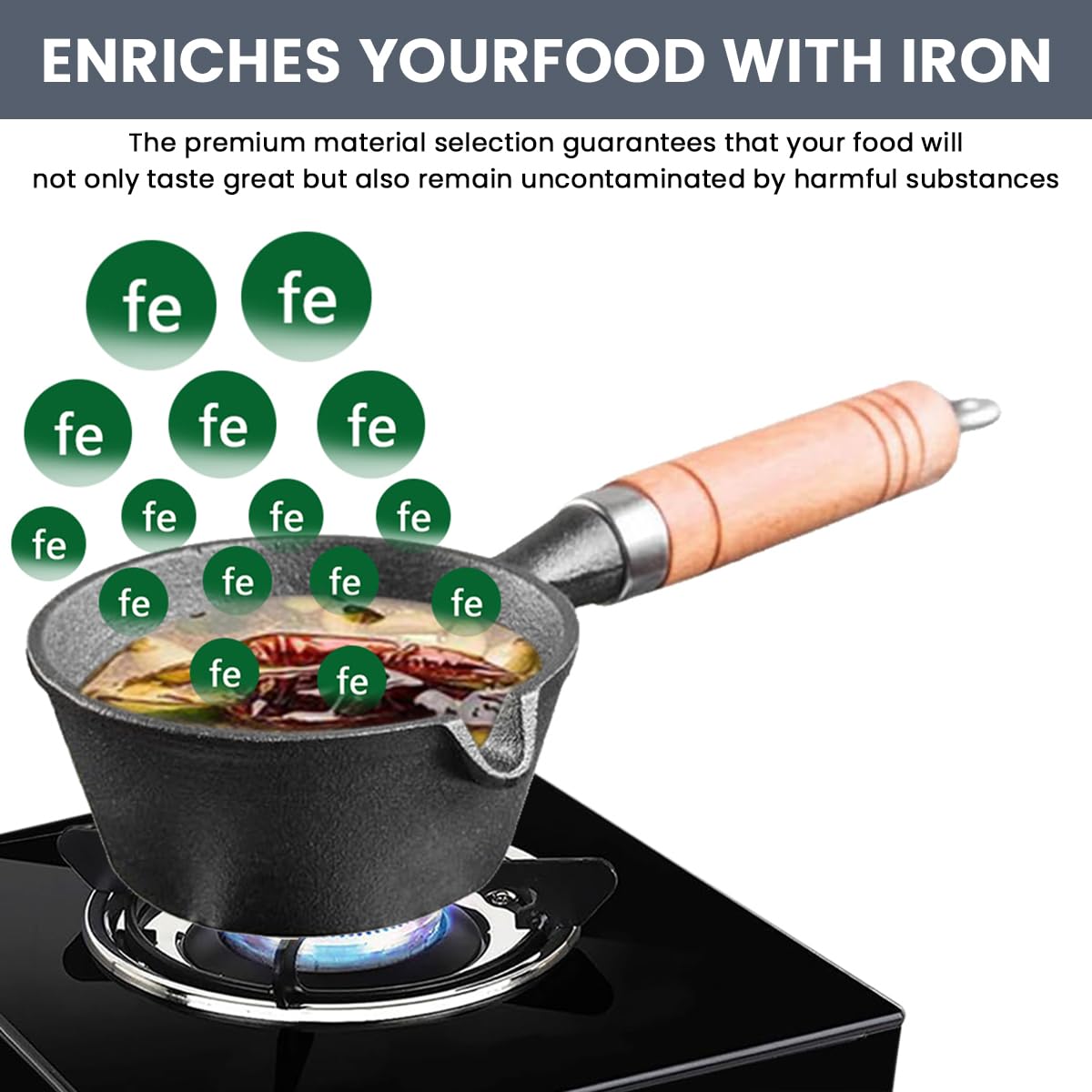 ZIBUYU Mini Cast Iron Pot for Melting Butter and Chocolate 4.3 in with Wooden Handle | Includes Stove Rack