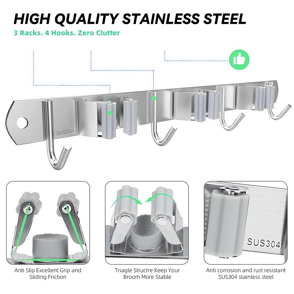 Zibuyu Broom Holder Wall Mounted for Kitchen and Bathroom with 3 Holders & 4 Hooks 14.9 in Stainless Steel Organizer