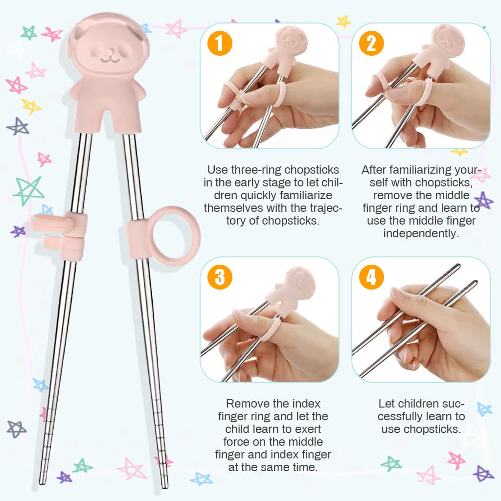 Supvox Training Chopsticks for Kids with Hinged Design and Finger Loops | 2 Pairs Stainless Steel BPA-Free Set