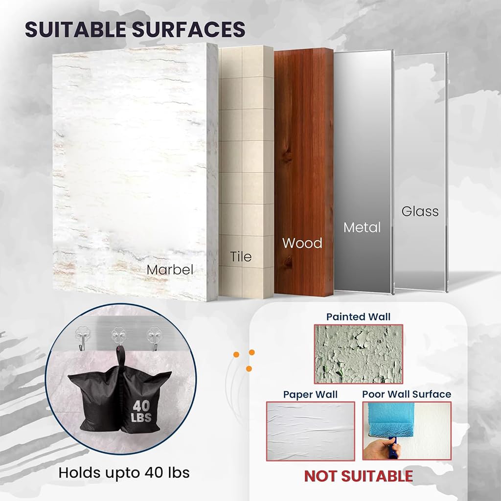 Zibuyu Wall Hook for Kitchen Bathroom and Wardrobe with 6 in 1 Self Adhesive Clear PVC Rack