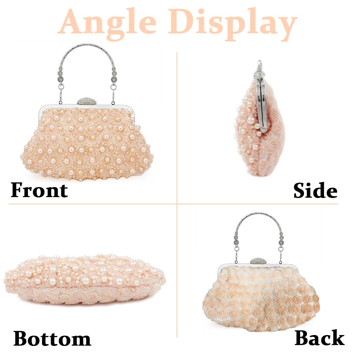 PALAY Evening Bag for Women with Pearl Rose Decoration and Detachable Metal Handle | Apricot Clutch for Party and Prom