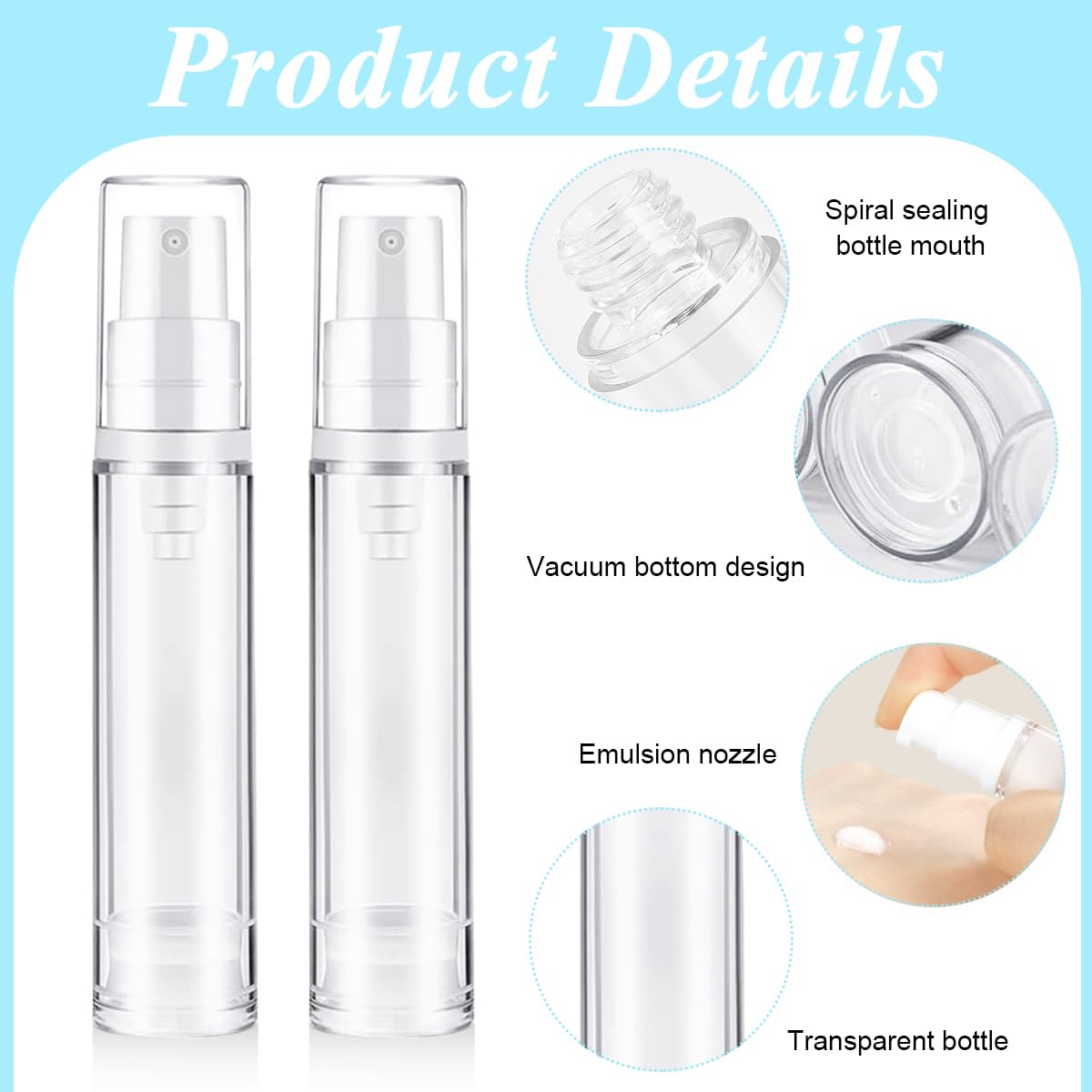 MAYCREATE Travel Bottles for Toiletries with Leak Proof Airless Pump | 4Pcs 10ml Refillable Set