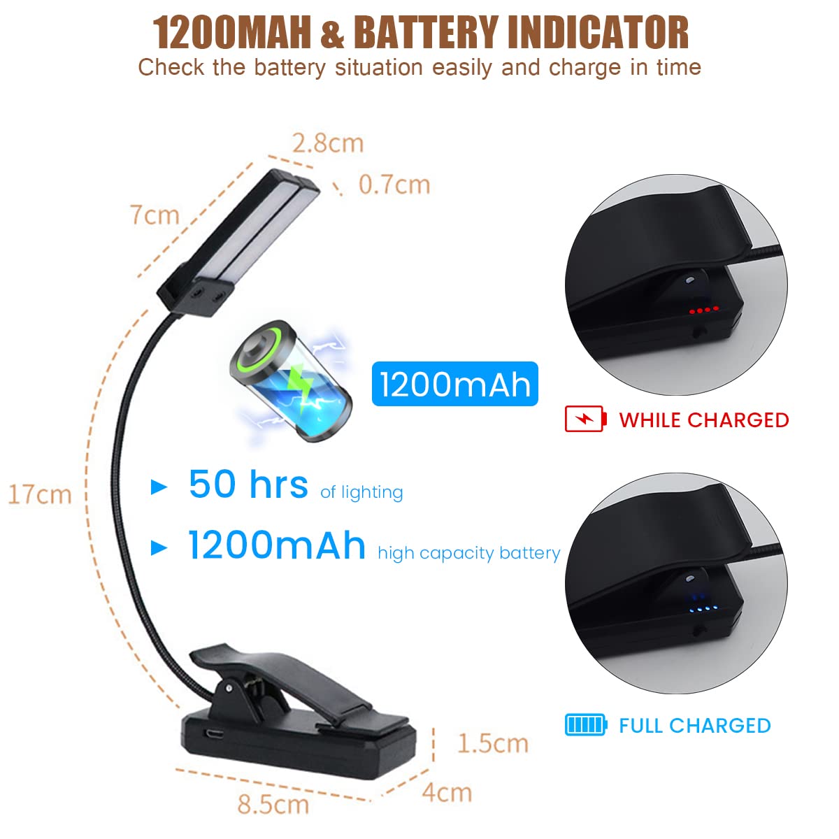 ELEPHANTBOAT Reading Lamp for Study with 18 LED Dual Lights and 360° Flexible Gooseneck | Rechargeable 1200mAh Clip-On Light for Bedside or Desk