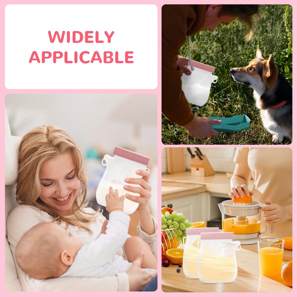 SNOWIE SOFT Breast Milk Storage Bags 320 ml for Baby Feeding with Double Seal Nozzle | BPA-Free Silicone Pink Set
