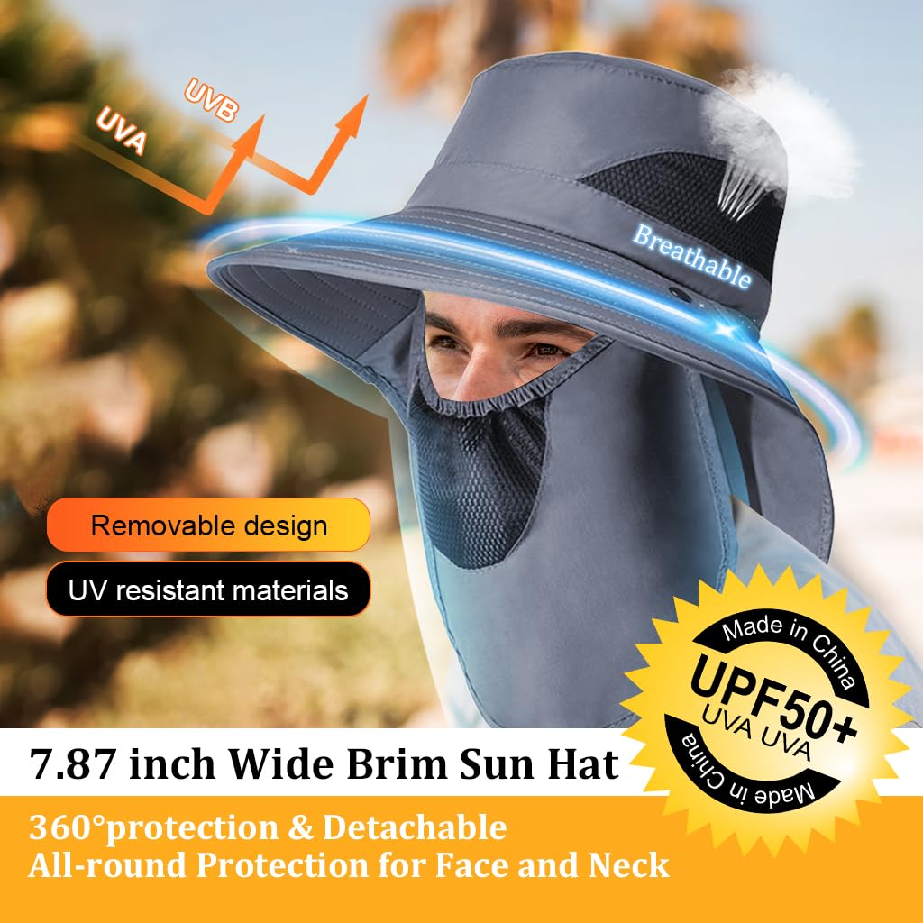 Gustave Sun Hat for Hiking and Fishing featuring 4 in Wide Brim and 11 in Neck Flap | Grey