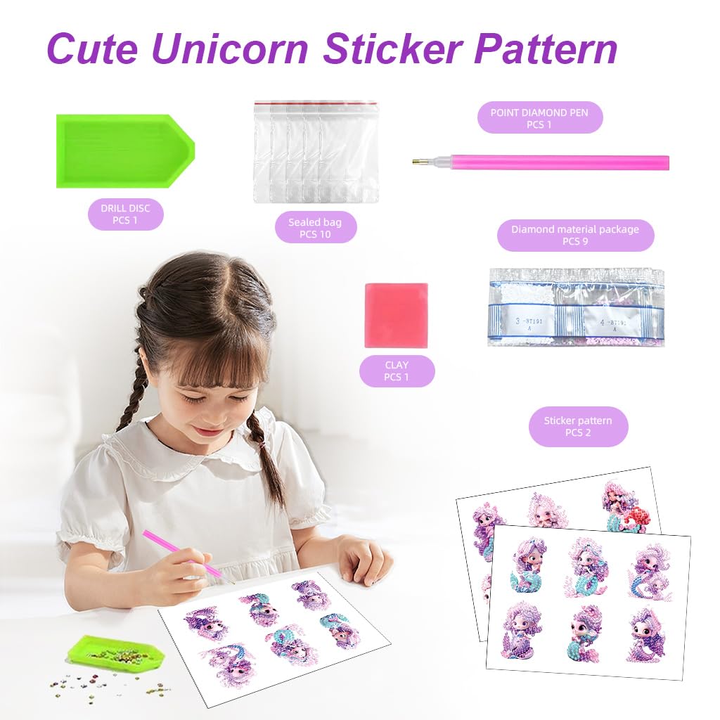 PATPAT Kawaii Diamond Art Stickers for DIY Crafts with 12 Mermaid Designs | Self‑Adhesive Gem Kit