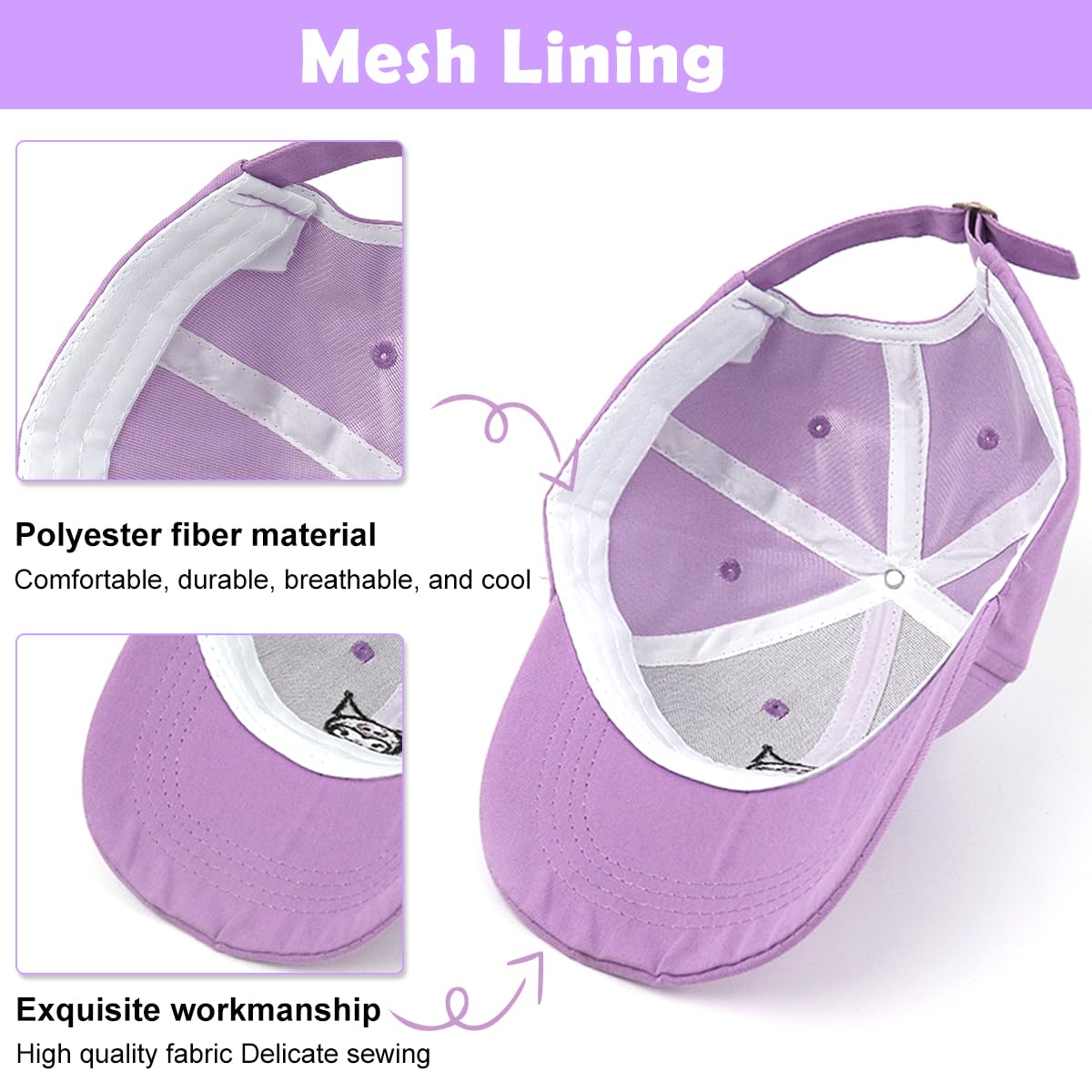 SNOWIE Soft Hat for Girls with Wide Brim Sun Protection and Adjustable 48–54cm Fit | Breathable Cotton Kuromi Embroidery Cap for Kids 2–8 Years