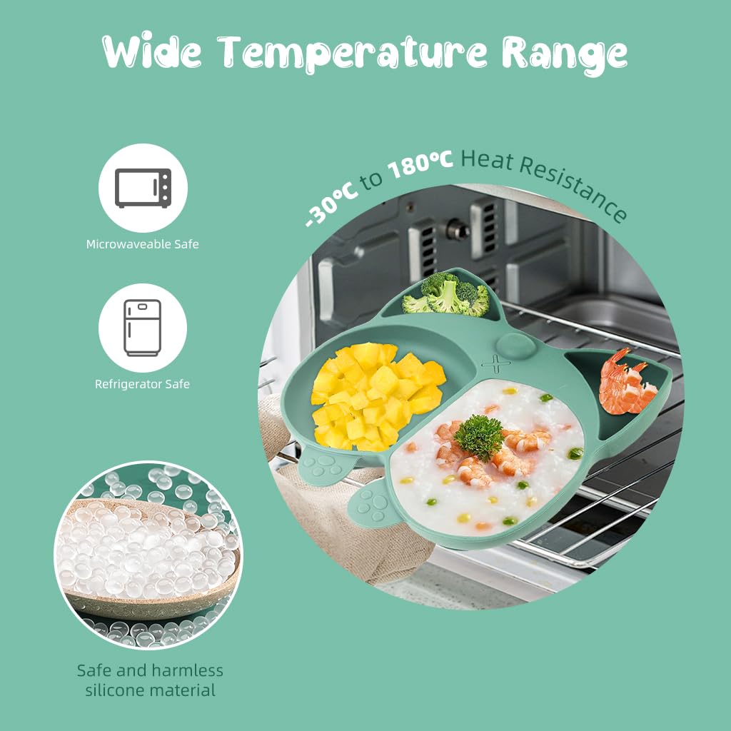 SNOWIE SOFT Suction Plates for Baby with 4 Strong Cups and 3 Compartments Silicone | Green