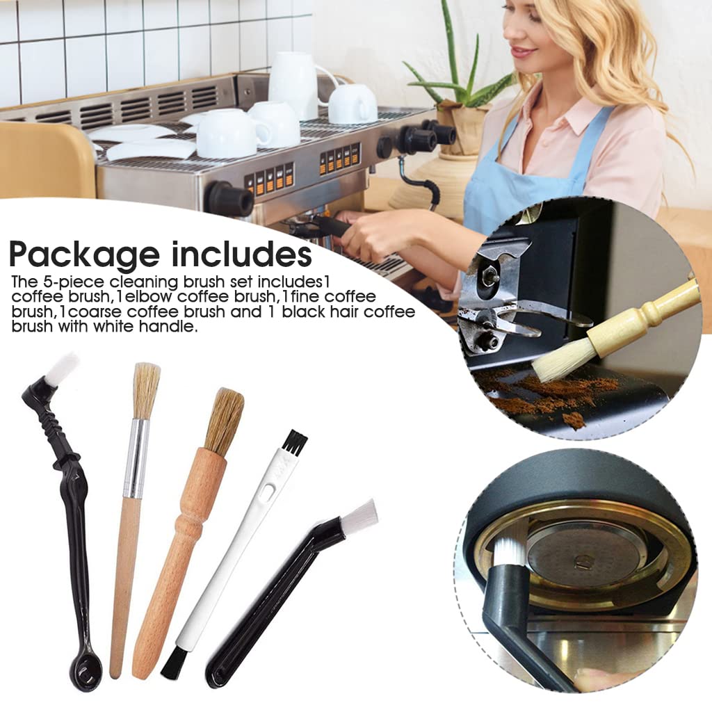 Supvox Coffee Brush Set for Espresso Machine Cleaning with 5 Nylon Brushes and Wooden Handle