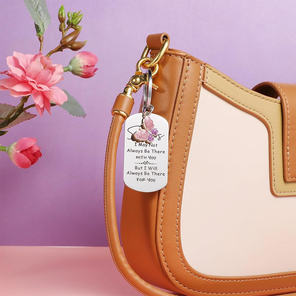 ZIBUYU Keychain for Sisters featuring Butterfly Charm and Stainless Steel Pendant Gift