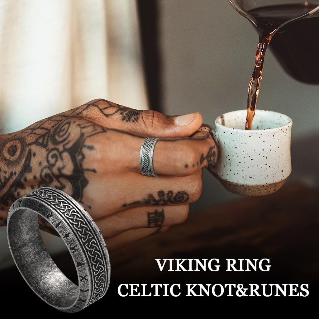 GUSTAVE Ring for Men with Celtic Knot and Rune Engravings in Titanium Steel | Viking Amulet Jewelry