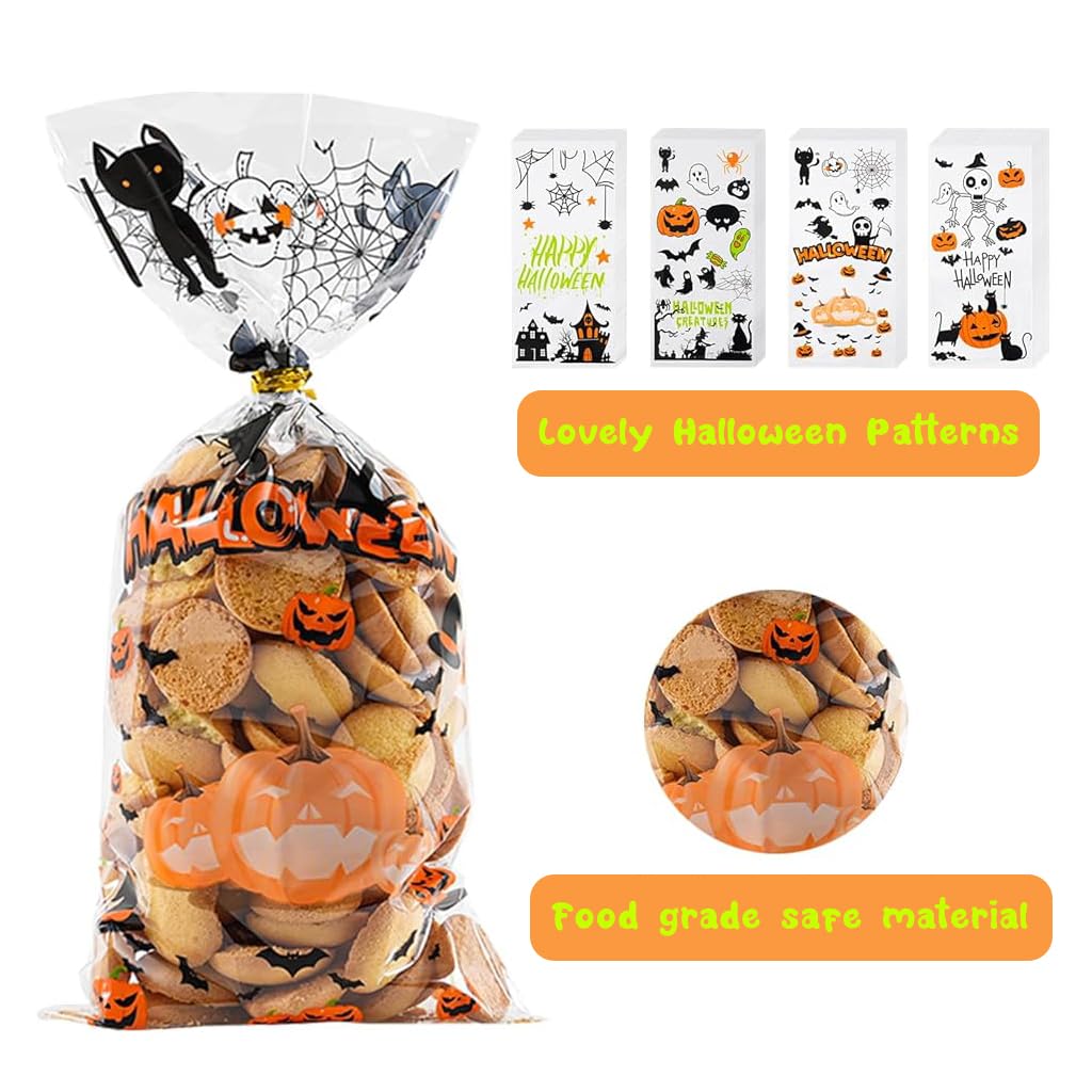HASTHIP Halloween Goodie Bags for Party Treats featuring 100 Pack 5.1×10.6 in Size with Golden Twist Ties