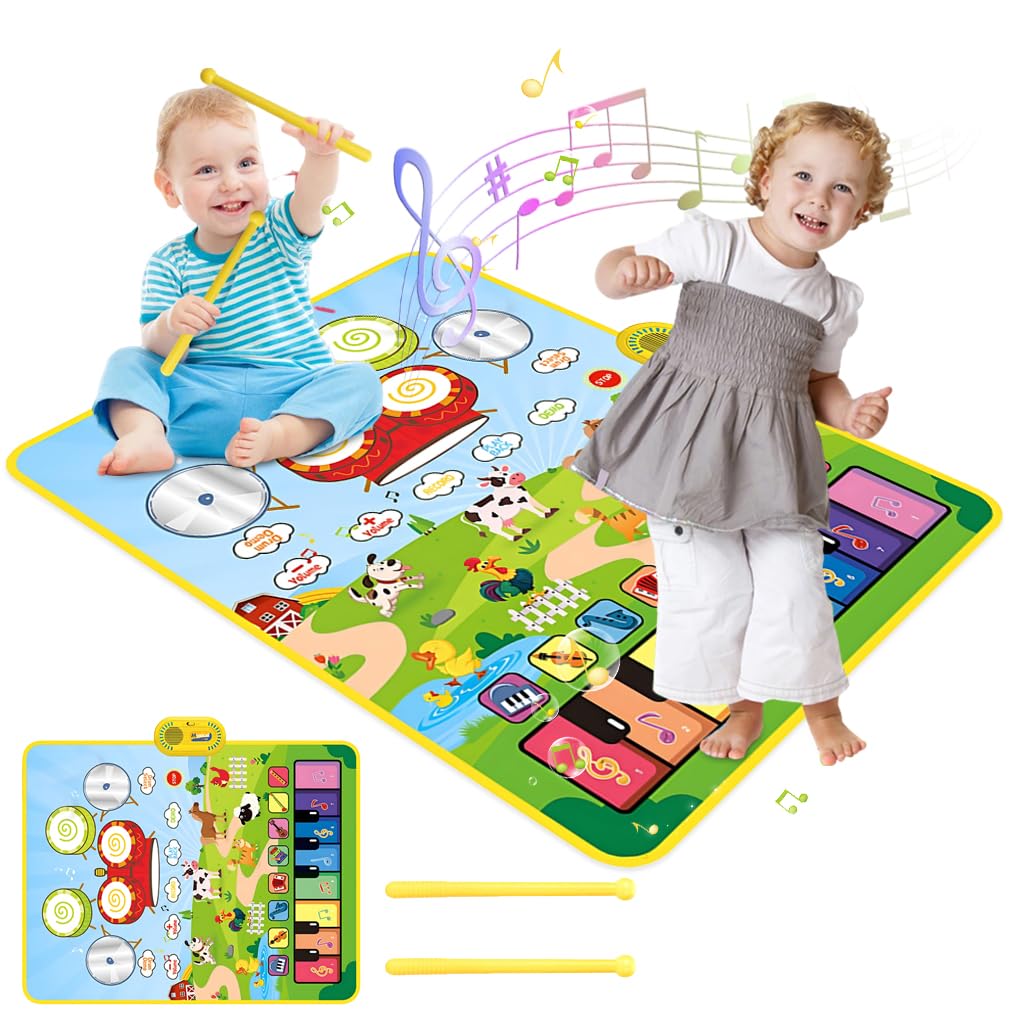 PATPAT 2 in 1 Drum & Piano Keyboard Musical Mat with Touch Sensitive Design 90×70CM for Toddlers | Ecofriendly Foldable Baby Music Toy