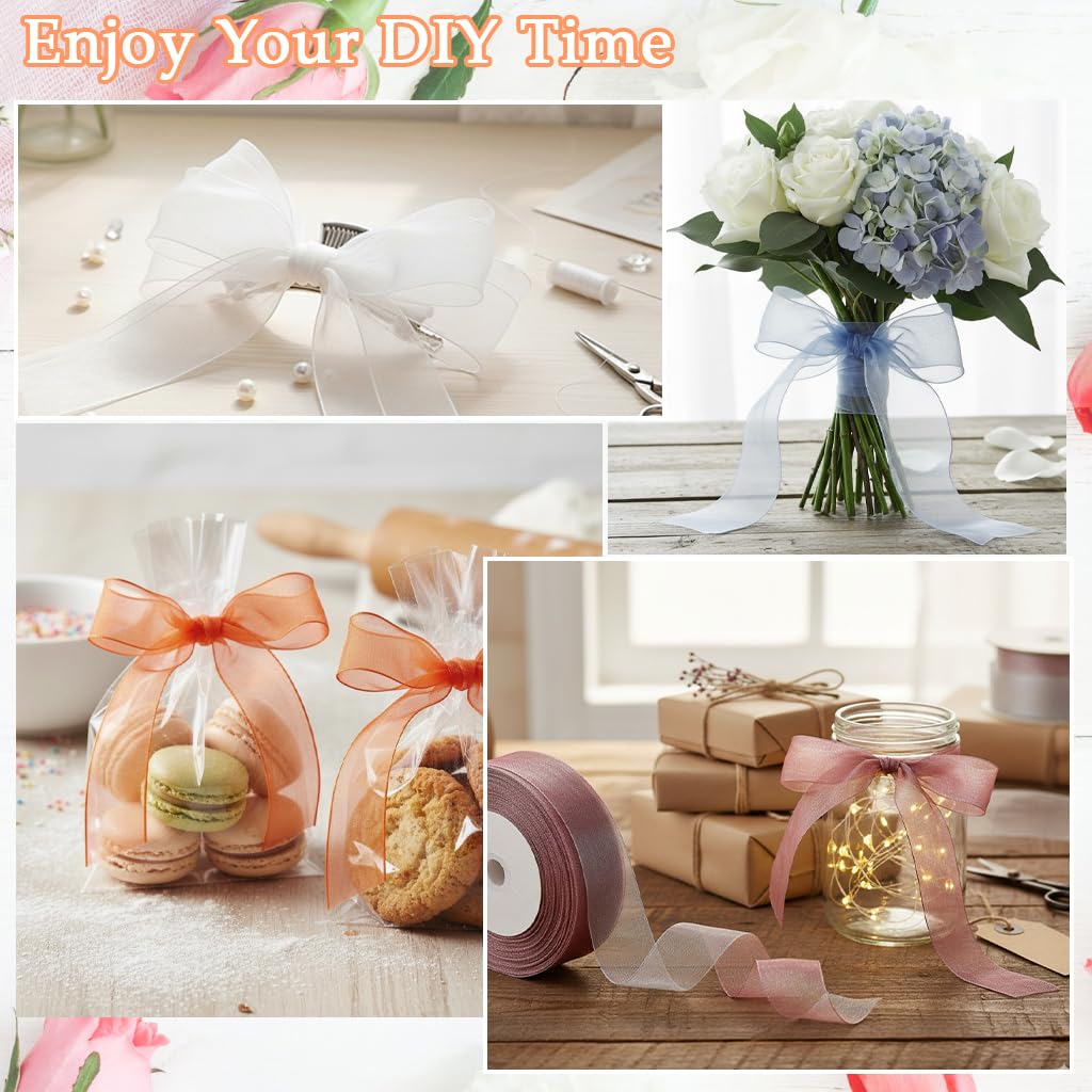 ZIBUYU Organza Ribbon Rolls for Gift Wrapping and Party Décor featuring 6 Multicolor Sheer Chiffon