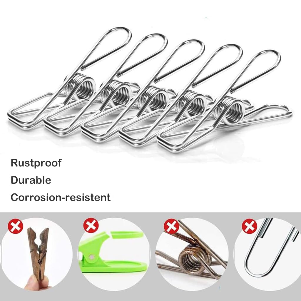 ZIBUYU® 20Pcs Metal Clothes Clips Cloth Pins 2.1'' Clothes Drying Clips Clothes Line Stainless Steel Clips Clip Hangers for Clothes Multipurpose Home Office Metal Line Clips for Files, Snacks Bag Seal