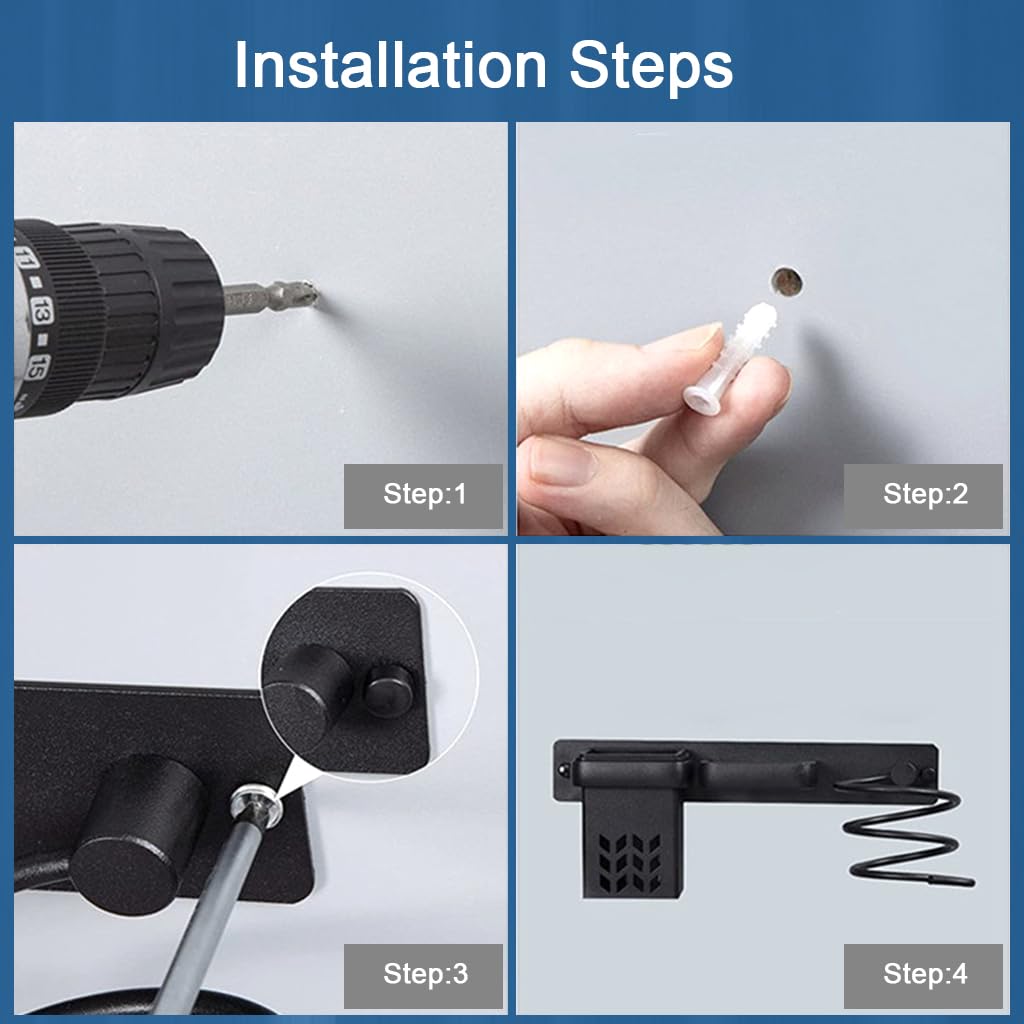 HASTHIP Hair Dryer Stand for Wall with 3 in 1 Storage Basket and Plug Hook | Black Aluminum Organizer