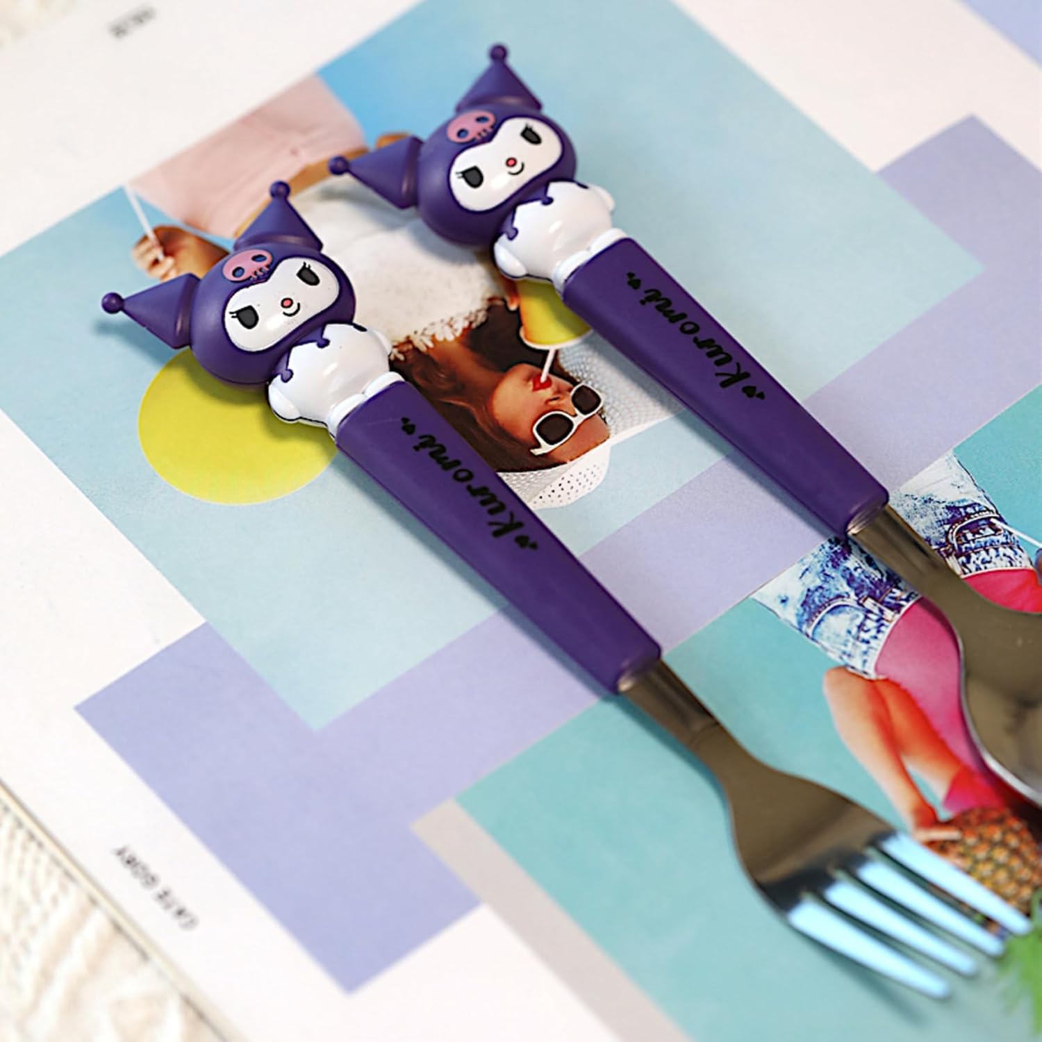 Supvox Spoon Fork Combo Set for Lunch Box with Kuromi Design 6PCS 7.87 in | Kids Utensils