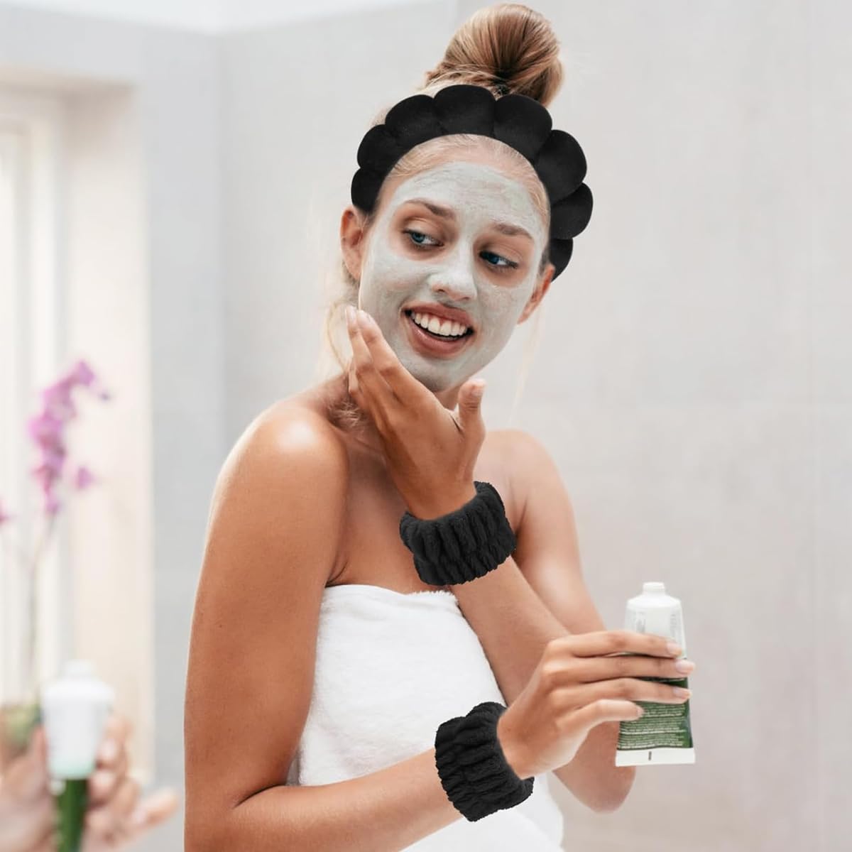 MAYCREATE Spa Headband and Wristband Set for Face Washing with Sunflower Design | Soft Flannel Elastic Accessories for Women