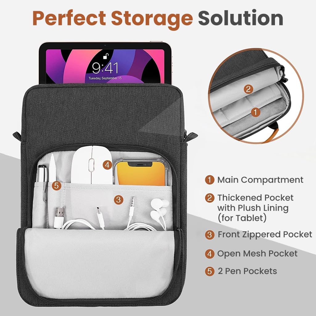 ZORBES Tablet Sleeve Handbag for 13 in iPad Pro and Galaxy Tab featuring Dual Zipper Compartments | Waterproof Travel Bag with Handle and Shoulder Strap