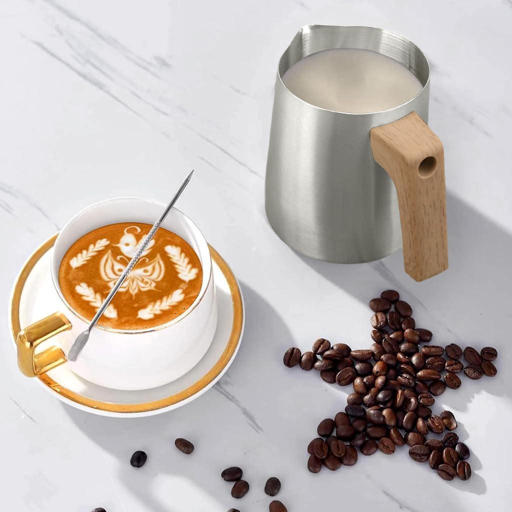 Supvox Milk Frothing Pitcher 350ml with Latte Art Pen featuring V Shape Nozzle & Wood Handle | Stainless Steel Coffee Jug for Barista