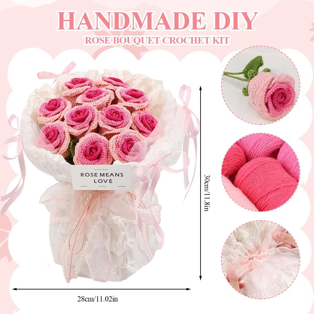 HASTHIP® DIY Rose Bouquet Crochet Material Kit Gradient Pink Rose Bouquet Crochet Kit with Yarn, Crochet Hook, Stitch Marks, Step By Step Tutorial, DIY Crochet Art Kit Christmas Birthday Gift