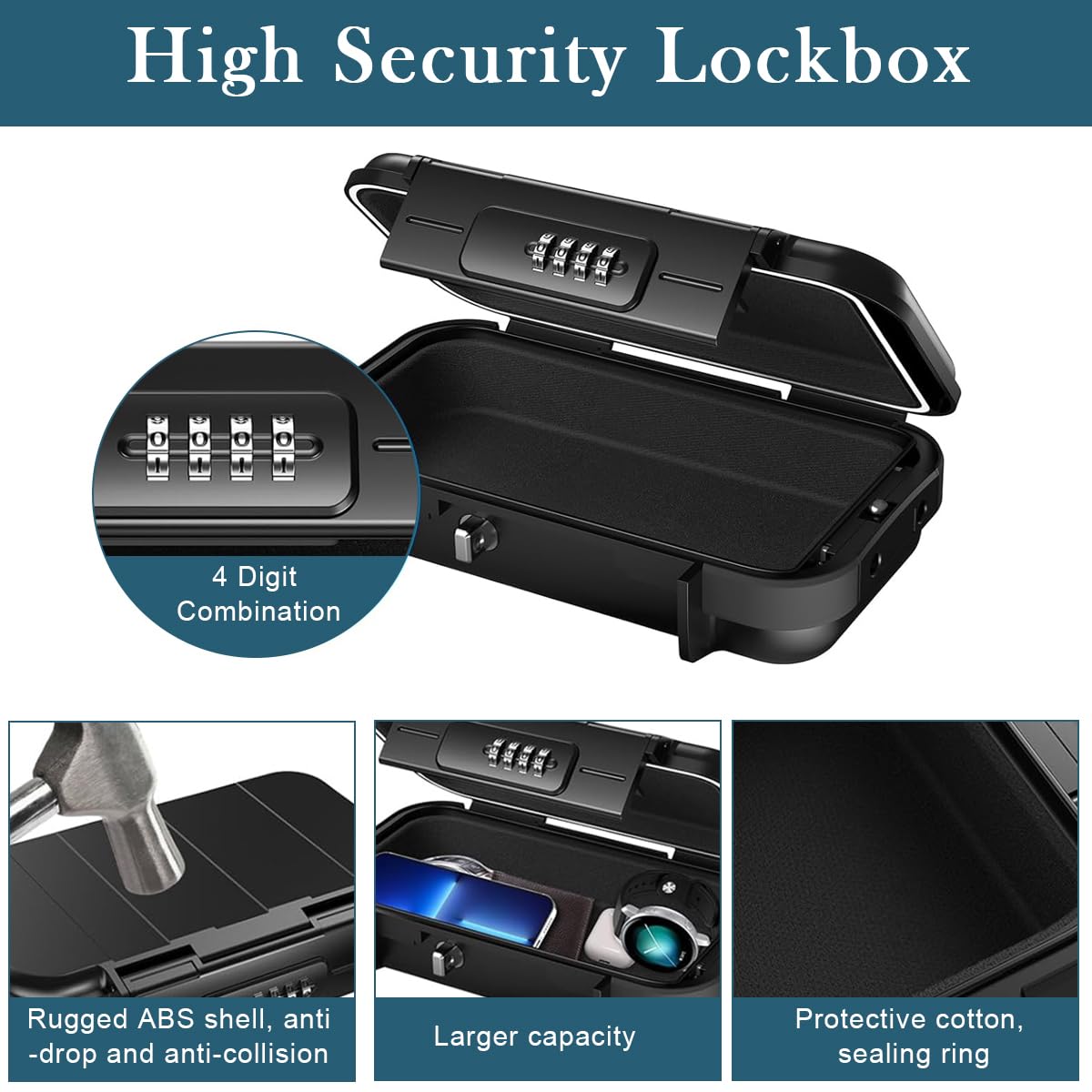 Serplex® Portable Safe Box Key Holder Safe Box with 4-digital Combination Lock & Stainless Steel Wire Loop Multi-purpose Waterproof Travel Safe Box for Keys, Personal Items, Cash, Phone, 141x145mm