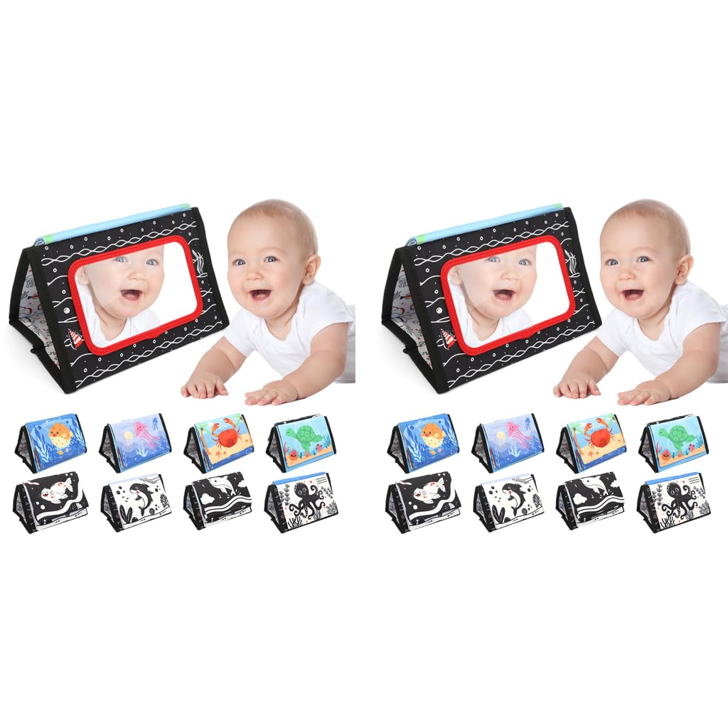 SNOWIE SOFT Cloth Books for Babies with 3D Ocean Animal Pages and Crinkle Mirror Toy | 2PCS