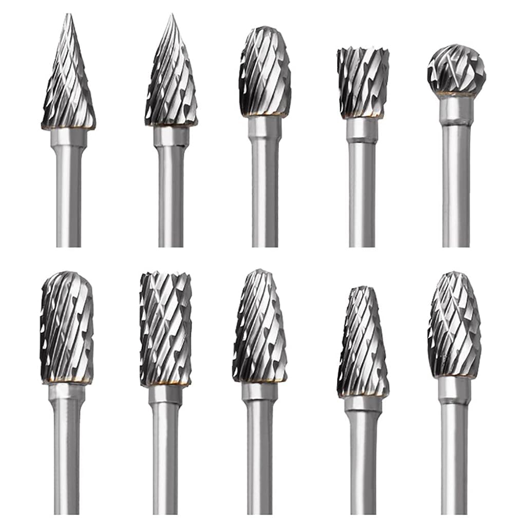 Serplex® Tungsten Carbide Rotary Burr Set for Dremel, 10pcs Carbide Double Cut Carving Burr Bits with 1/8