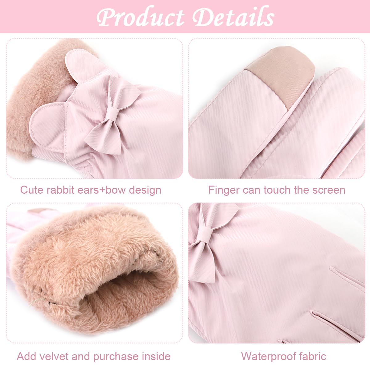 Venzina® Winter Warm Gloves for Women Cute Pink Bow Women Mittens Plush Lining Thermal Hand Gloves Anti-splash Coating Design with Touch Screen Finger Birthday Christmas Women Gift