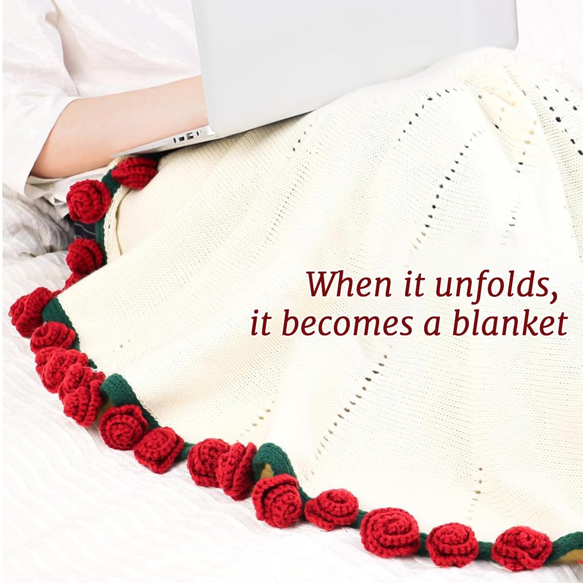 HASTHIP Crochet Flower Blanket for Couch Gift featuring 3D Rose Edge and 43 in Diameter