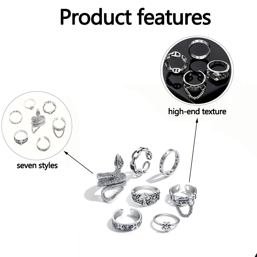 Zibuyu Rings Set for Women featuring 7PC Vintage Distressed Open Joint Design in Silver | Boho Style