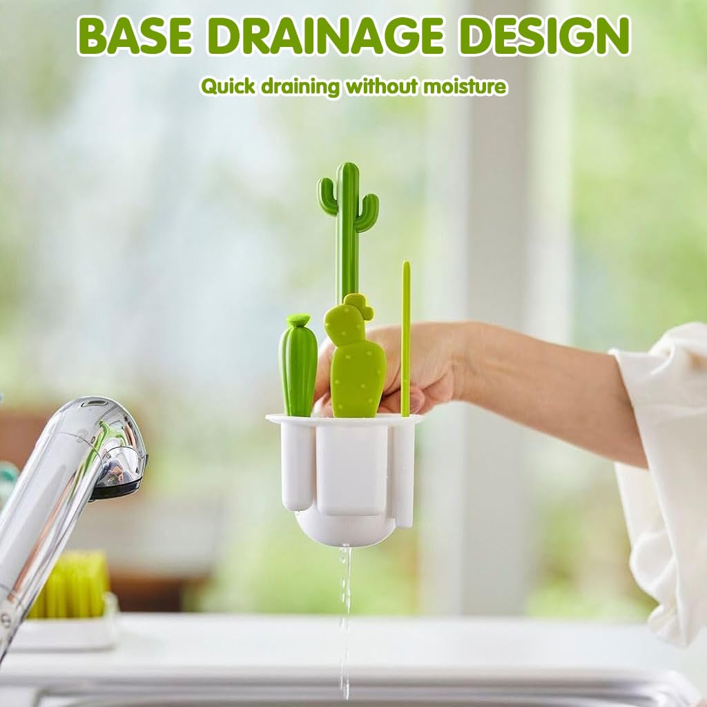 SNOWIE SOFT Bottle Cleaner Brush Set for Drinkware and Jars with Cactus Design | 4Pcs Nylon Bristles and Storage Holder