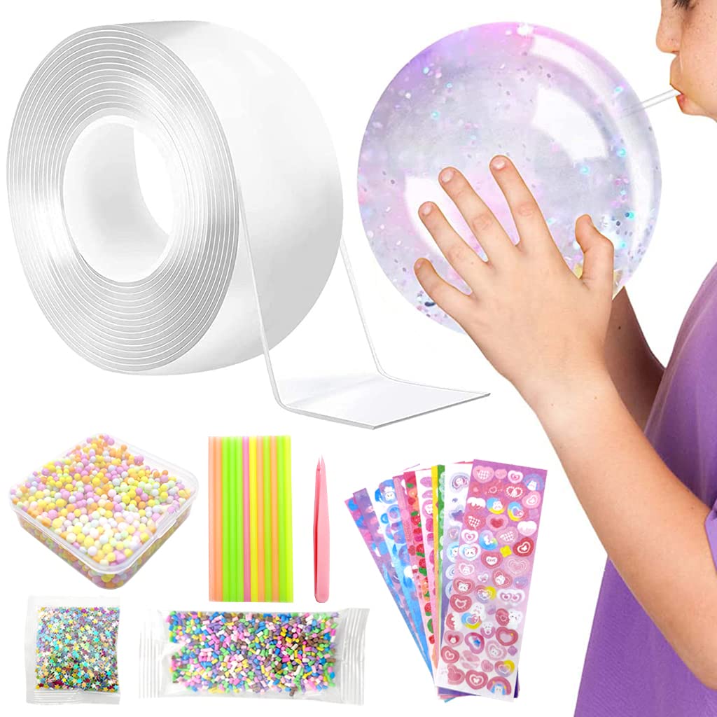 PATPAT® Nano Tape Balloon DIY Kit Fun Tape, Supplies Kit with 1 Roll Nano Tape, Mini Color Beads, Sticker, Straw, Tape Bubble Kit for Birthday, Party and Wedding Supplies, Nanotech Tape Gift for Kids