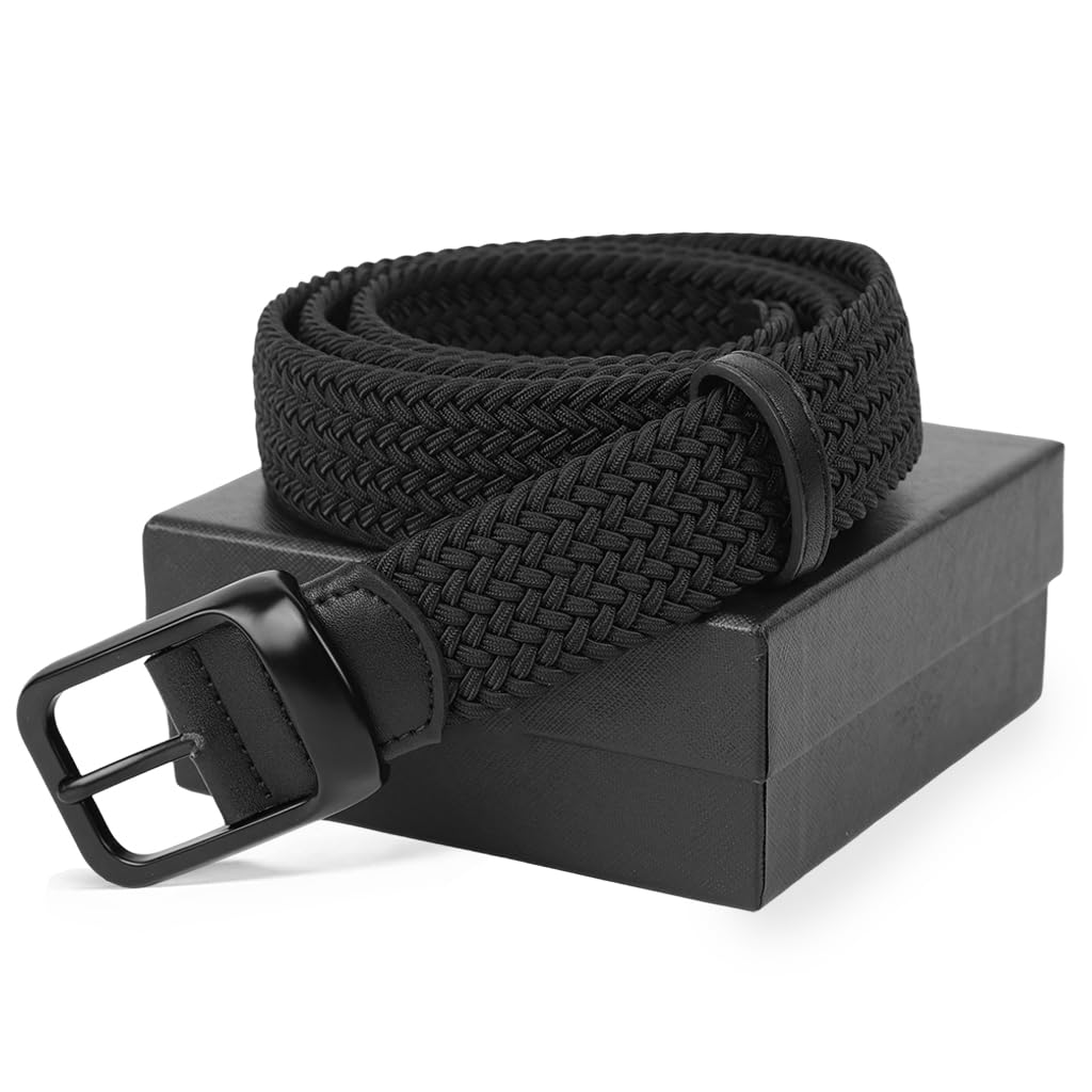 GUSTAVE Black Belt for Men with Quick Release Metal Buckle 125cm | Elastic Braided Nylon Strap for Formal and Casual Wear