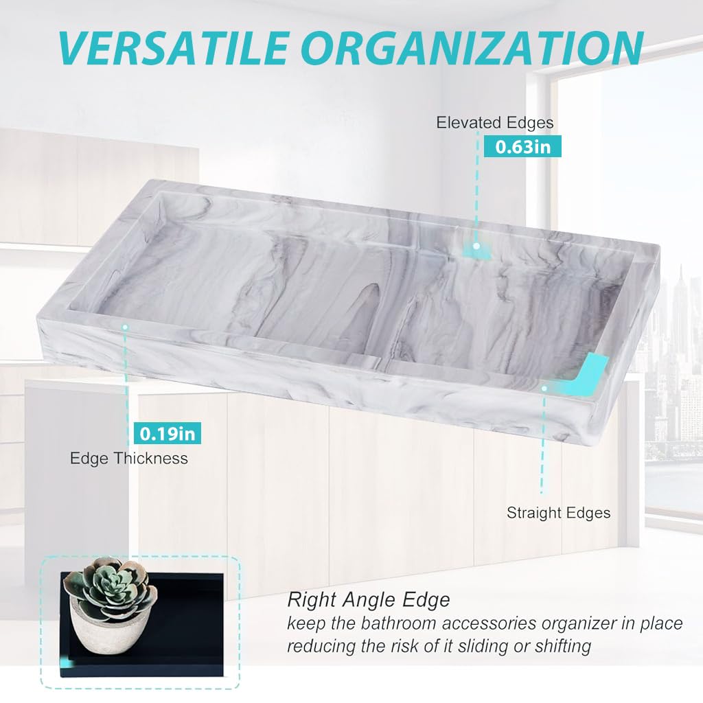 HASTHIP Bathroom Organizer with Marble Pattern Silicone Trays 20x10cm 3PCS for Sink | Modern Vanity Storage