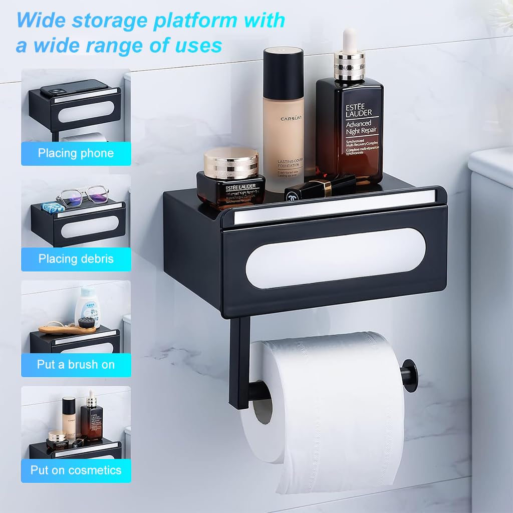 Supvox Toilet Roll Holder for Bathroom with 180° Rotating Storage Box 20×12.5×18cm Black ABS | 3‑in‑1 Wall Mounted Design