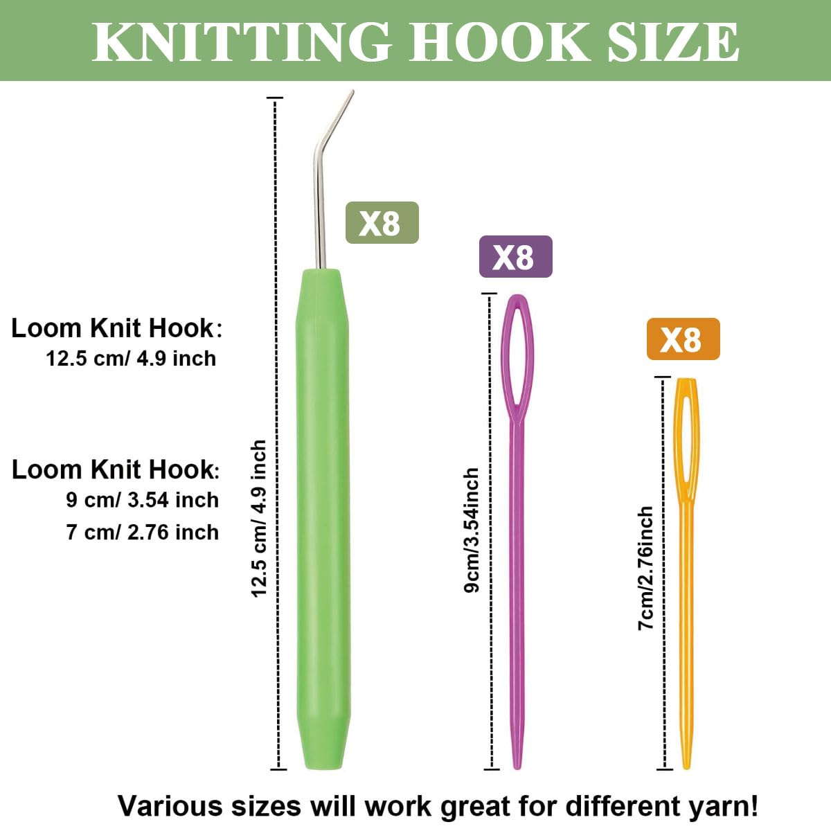 HASTHIP® Loom Knit Hook Set, Crochet Needle Hook Kit, 8 Pcs Green Knitting Loom Hooks with 12 Pcs Colorful Plastic Sewing Needles